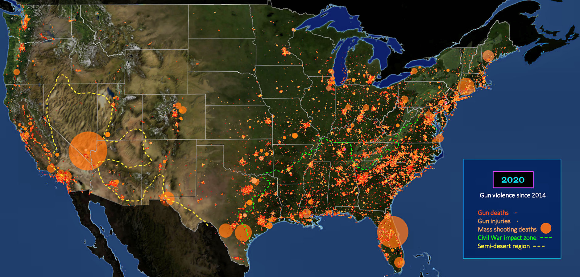 Gun violence and mass shootings, 2020 map